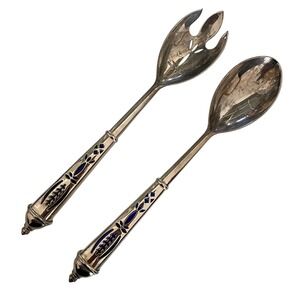 Vintage Silver Salad Serving Set Spoon and Fork‎ with Blue Enamel Accents ~10.5"